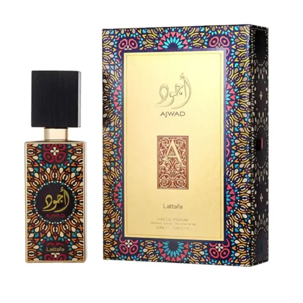 Perfume árabe Lattafa Ajwad EDP unisex caja y frasco premium detalle del diseño
