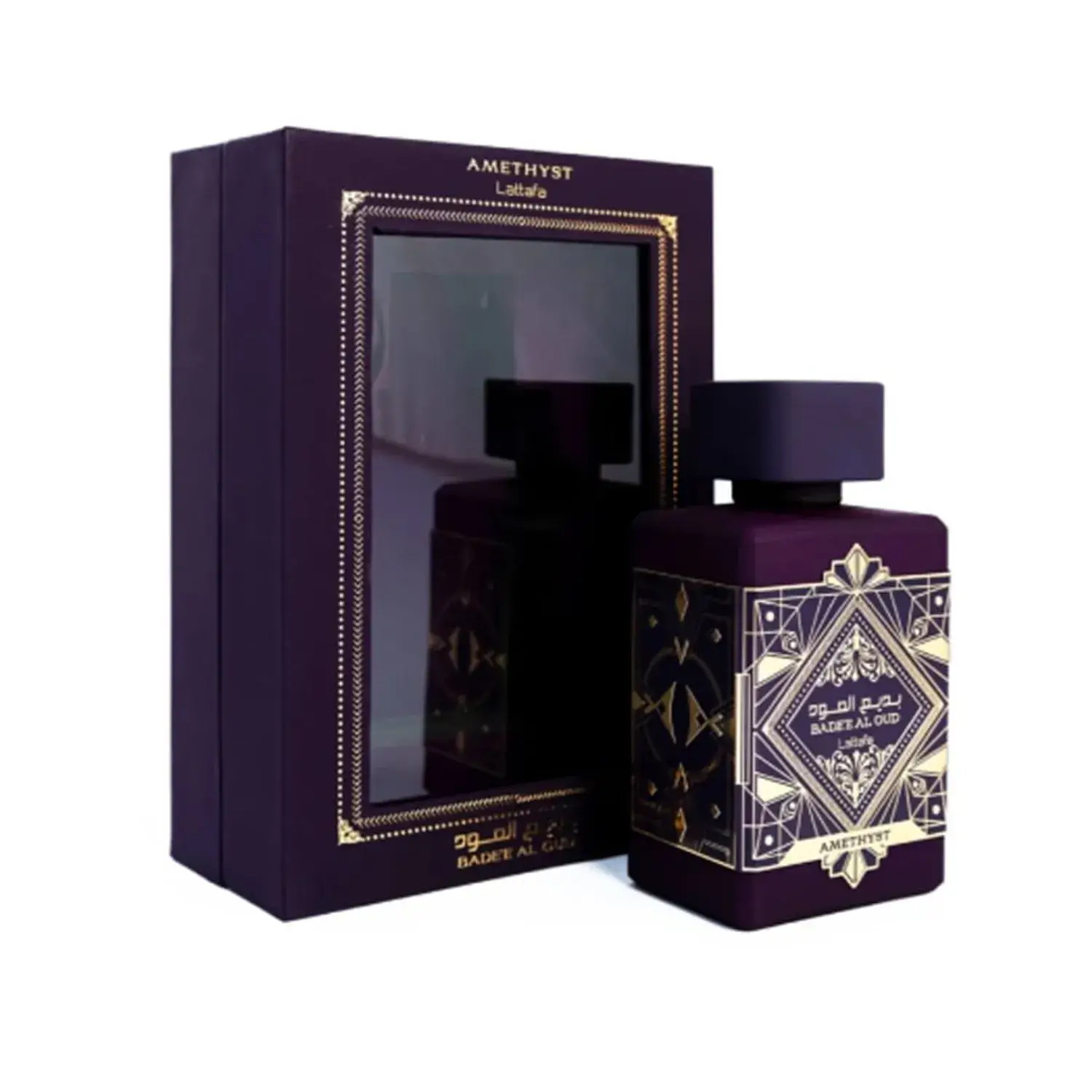Perfume árabe Lattafa Badee Al Oud Amethyst caja y frasco premium detalle cercano