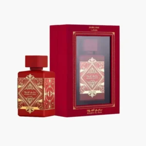 Perfume árabe Lattafa Badee Al Oud Sublime EDP caja y frasco premium detalle cercano