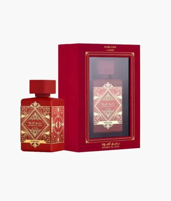 Perfume árabe Lattafa Badee Al Oud Sublime EDP caja y frasco premium detalle cercano