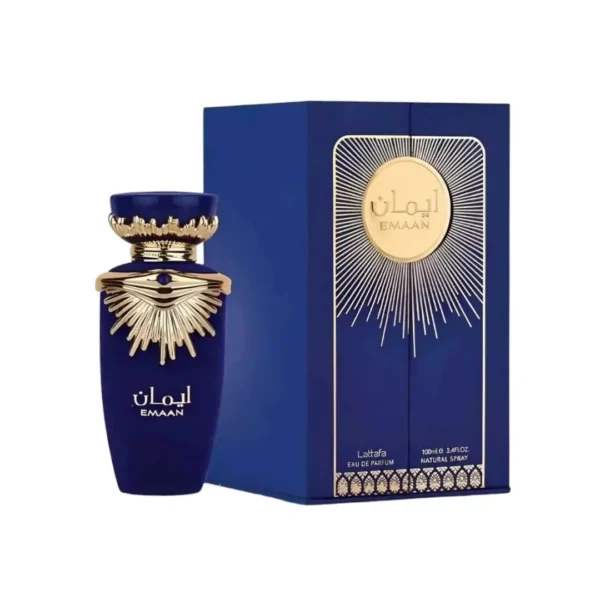 Perfume árabe Lattafa Emaan unisex EDP vista detalle del frasco original