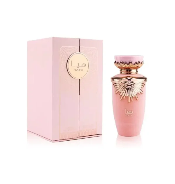 Perfume mujer Lattafa Haya EDP caja y frasco original detalle del diseño