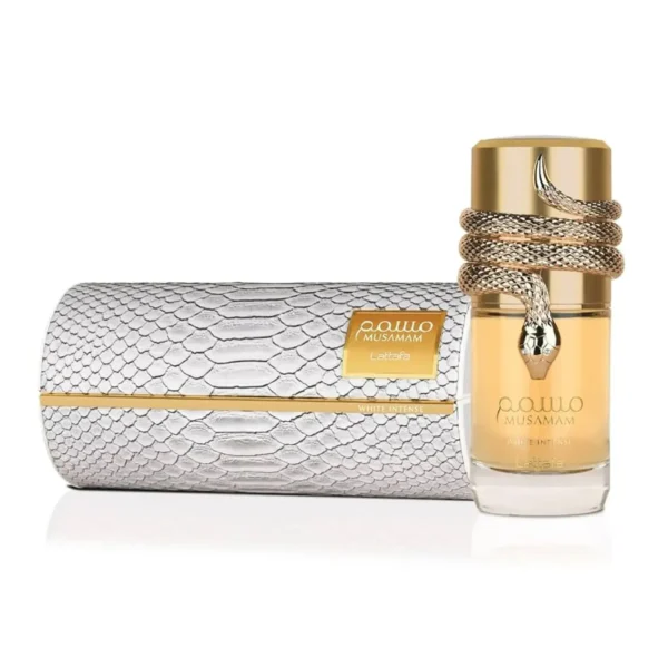 Perfume unisex Lattafa Pride Mussamam White Intense EDP caja y frasco premium