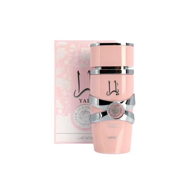 Perfume mujer Lattafa Yara EDP caja y frasco original detalle del diseño