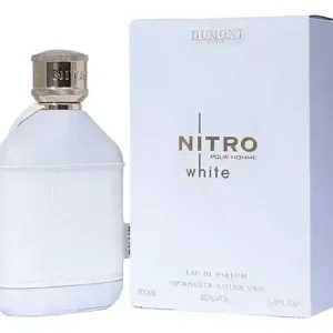 Perfume Nitro White con estética fresca y limpia en frasco blanco.