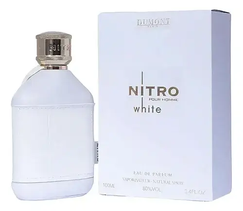 Perfume Nitro White con estética fresca y limpia en frasco blanco.