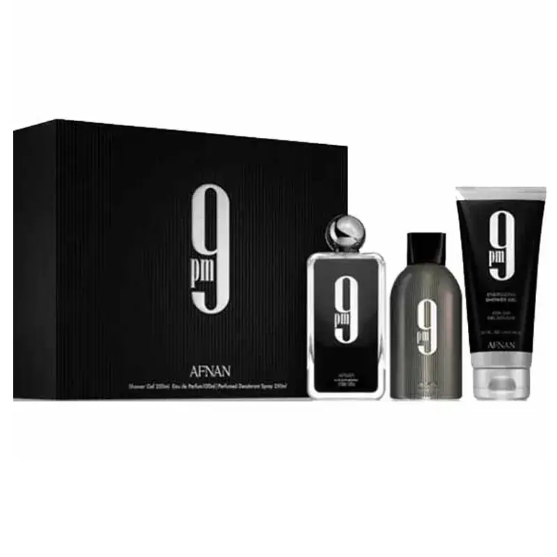 Set de perfume 9 PM con presentación elegante para regalo.