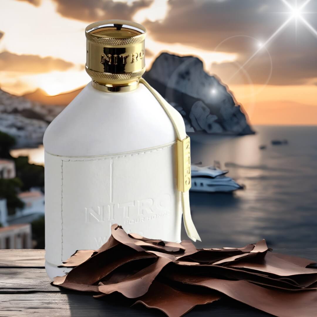 Presentación del Eau de Parfum Nitro White de estilo minimalista.
