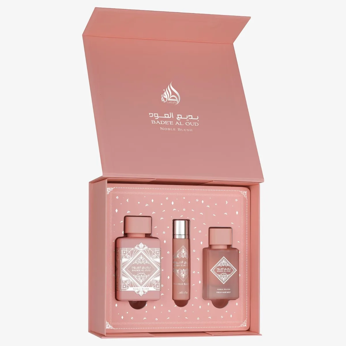 Perfume original Lattafa Badee Al Oud Noble Blush - Set 3 Piezas (Perfume, Perfume Viajero y Perfume para Cabello) para mujer
