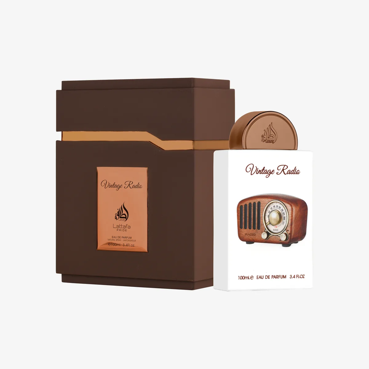 Lattafa Vintage Radio EDP 100 ml perfume unisex con su caja